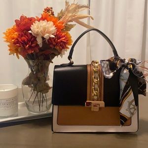 Also crossbody purse- tan, cream, black and gold chain